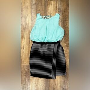 One piece sleeveless dress, teal top-black skirt with white stripes
